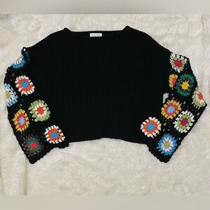 Gypsie Jane * Granny Square Crochet Sleeve Sweater, Black/Multi Color, Small